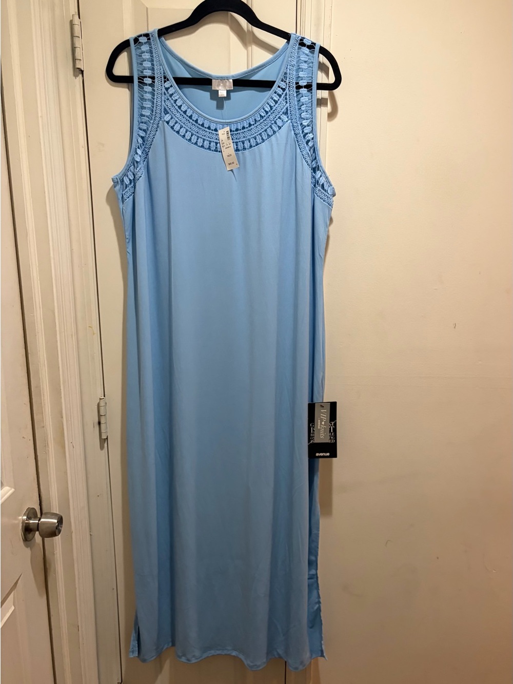 NWT Avenue VIP Knits Sky Blue Sleeveless Dress with Crochet Trim